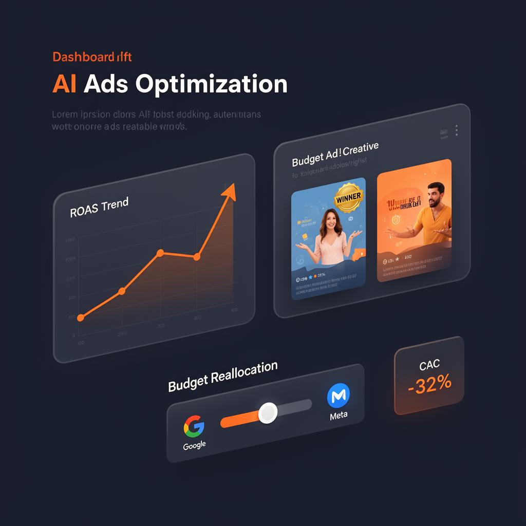 AI ads optimization dashboard with ROAS trend, ad variants and budget reallocation