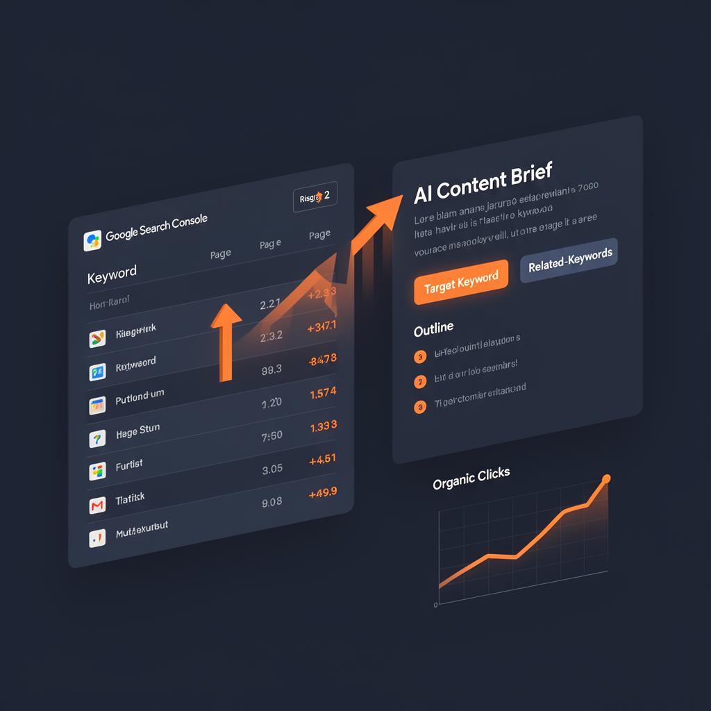 AI SEO dashboard showing GSC keyword rankings improving and an AI content brief